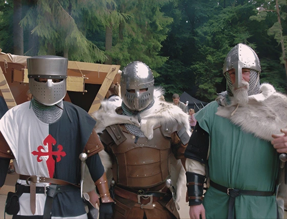 Drei Männer mit Ritterhelmen